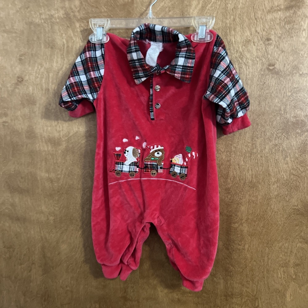 Vintage Baby Christmas One Piece Romper Velour Size 3 To 6 Month Bear Train Red